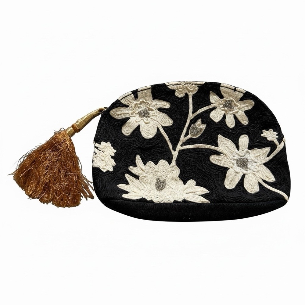 Anthropologie Jasper & Jeera Floris Pouch embroidered floral design Beading Gold